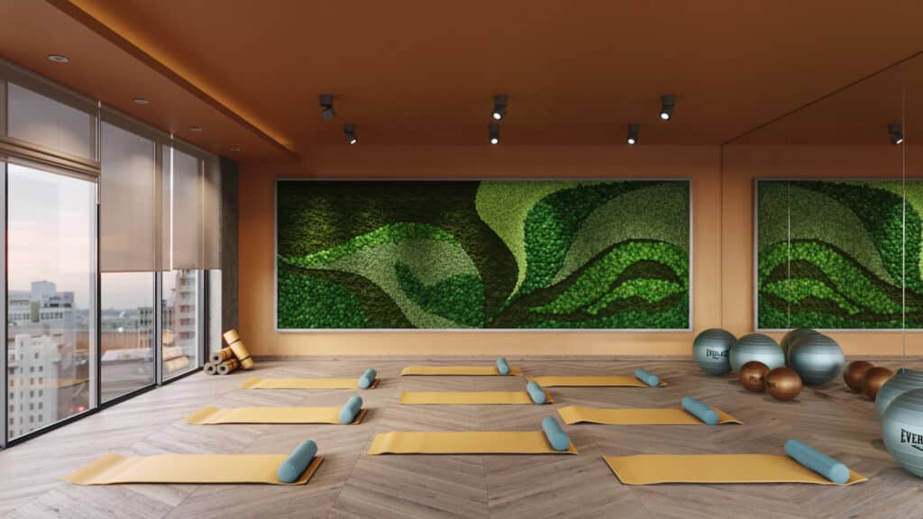 Product: Acoustic Moss Wall.  
Moss: Sheet, Pole, Reindeer, and Mood Moss.